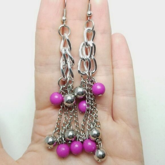 Vintage Silver Tone and Pink Beaded Chain Fringe Dangle Earrings, Fun Estate - Picture 1 of 5